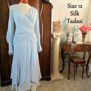 SILK DRESS 12, BLUE-GRAY 2-PIECE TADASHI SHEER SLEEVE HANDKERCHIEF HEM, DRAPING